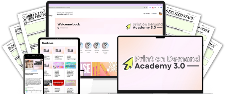 Print on Demand Academy 3.0 shown on a laptop, tablet and phone with printable workbooks