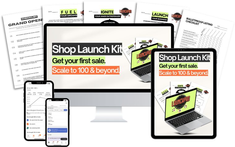 Shop Launch Kit with printable checklists and workbooks shown on desktop and mobile