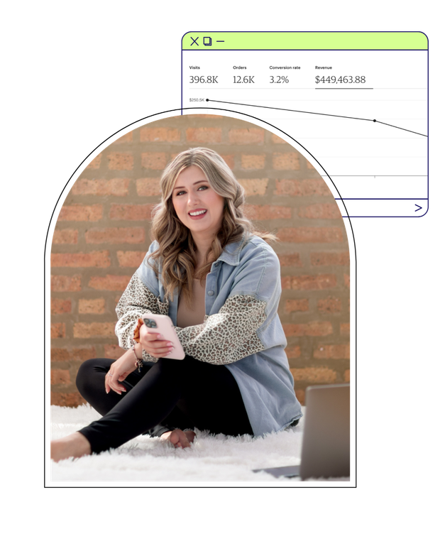 Heather working on her Etsy print on demand shop, with a dashboard showing shop revenue